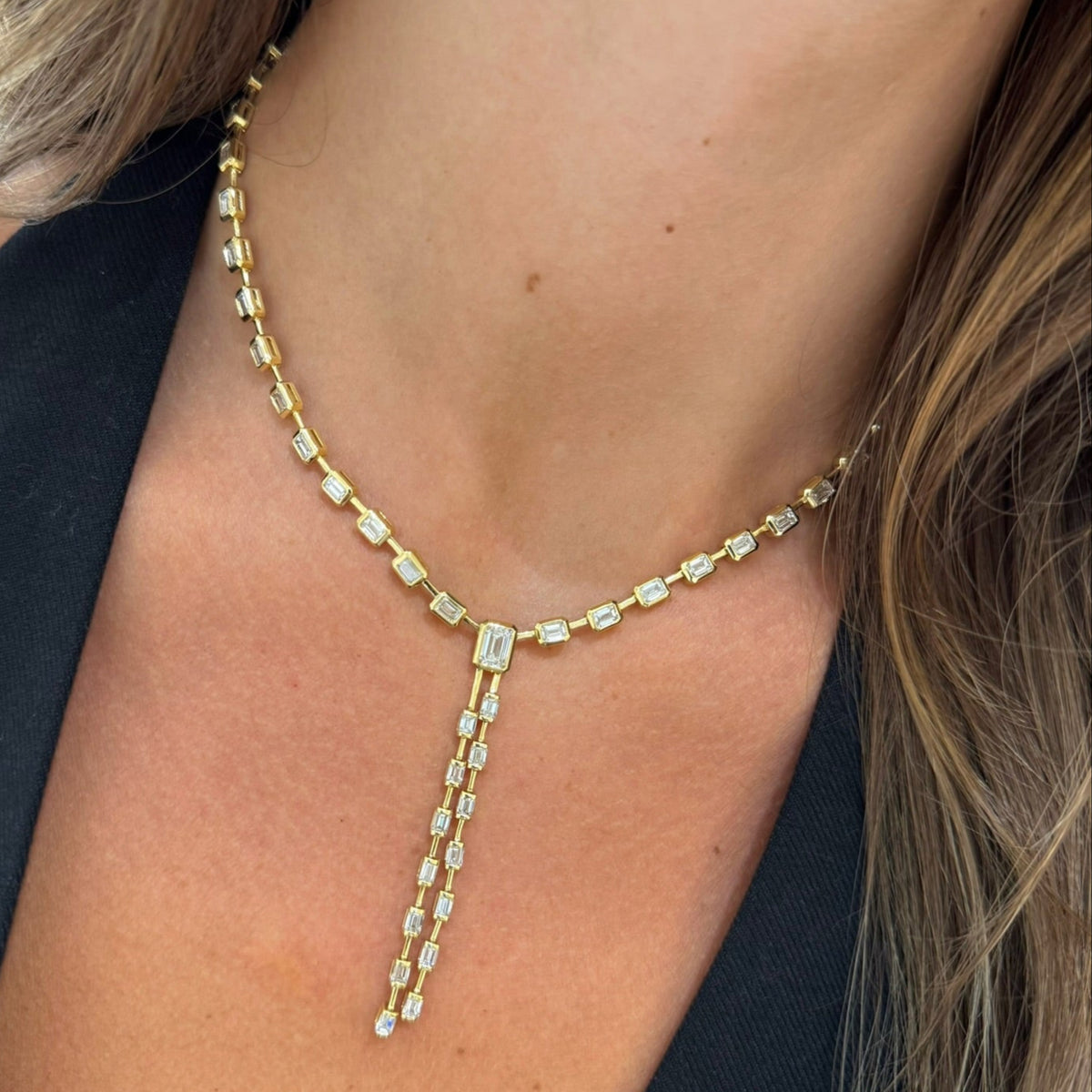 Clara Mae Bezel Set Emerald Cut Diamond Lariat Necklace