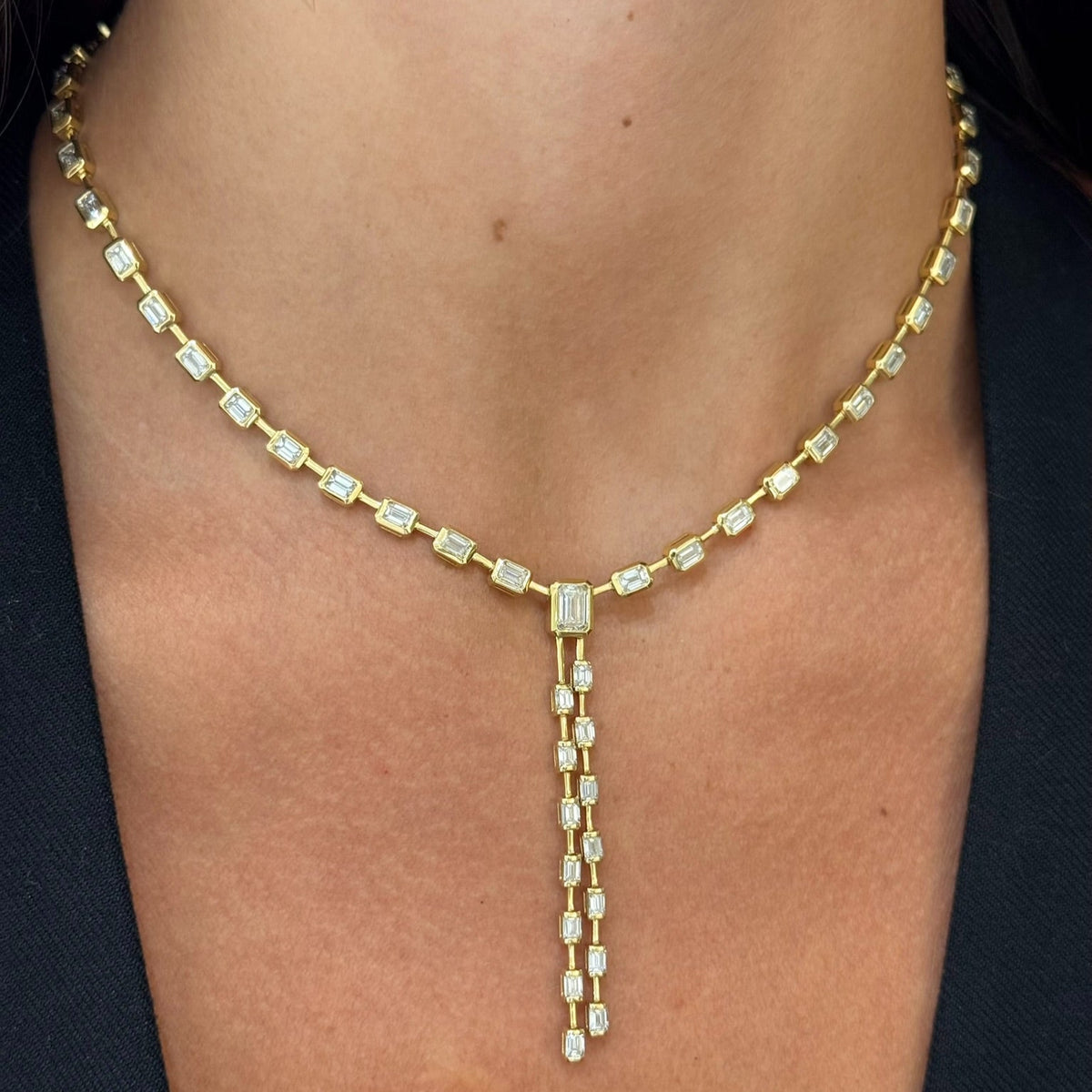 Clara Mae Bezel Set Emerald Cut Diamond Lariat Necklace