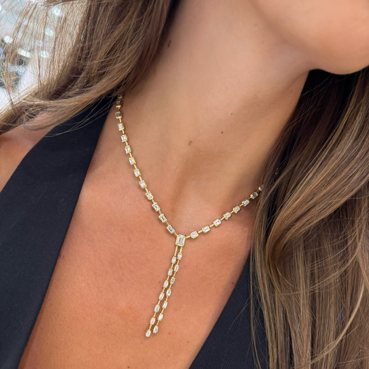 Clara Mae Bezel Set Emerald Cut Diamond Lariat Necklace