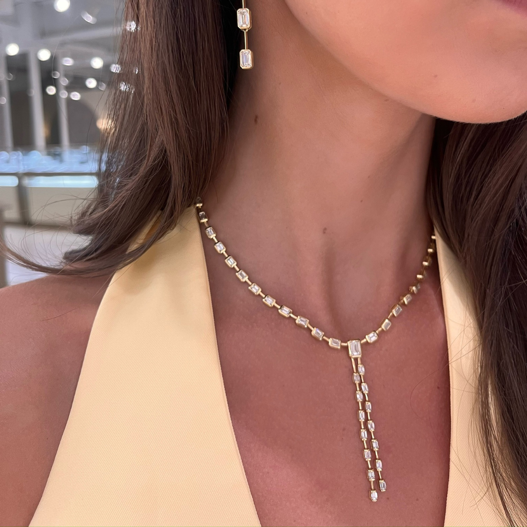 Clara Mae Bezel Set Emerald Cut Diamond Lariat Necklace 10.94 ctw