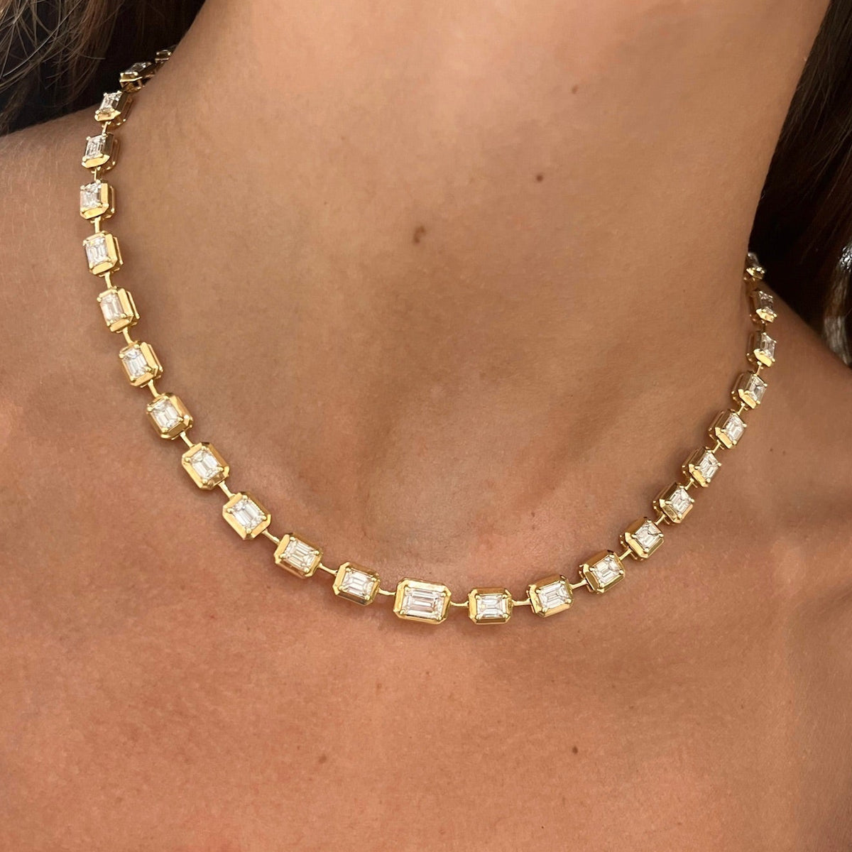 Clara Mae Graduated Bezel Set Emerald Cut Diamond Necklace 15.32 ctw