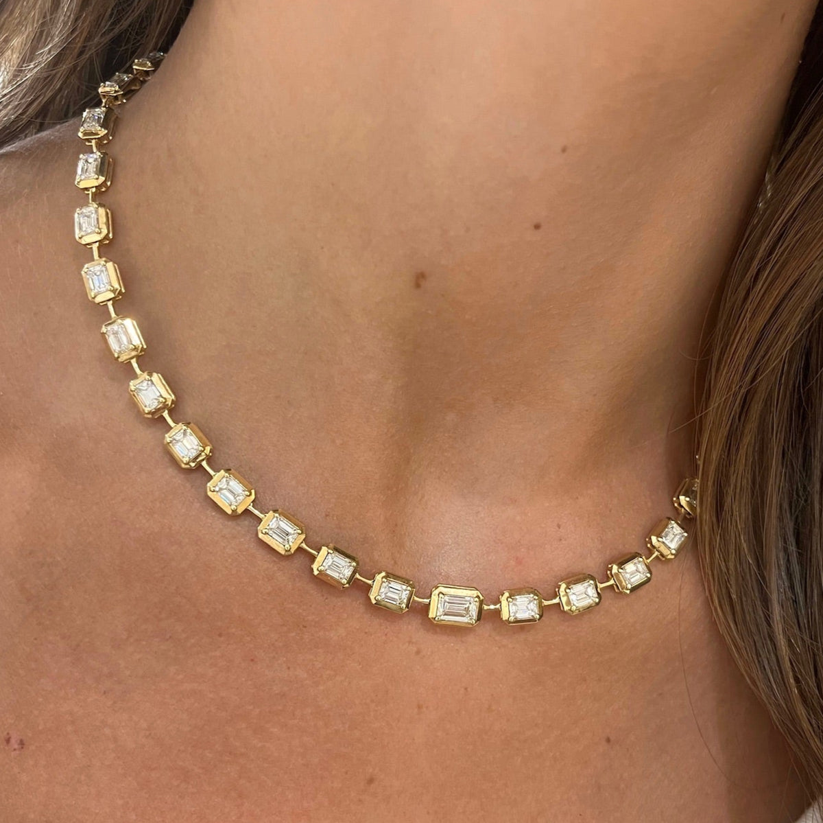 Clara Mae Graduated Bezel Set Emerald Cut Diamond Necklace 15.32 ctw