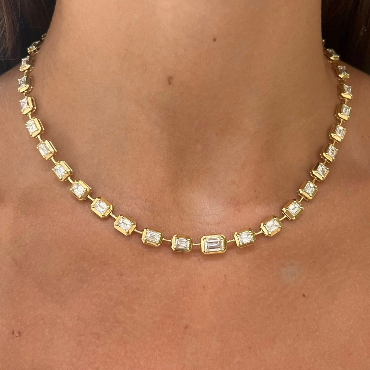 Clara Mae Graduated Bezel Set Emerald Cut Diamond Necklace 15.32 ctw