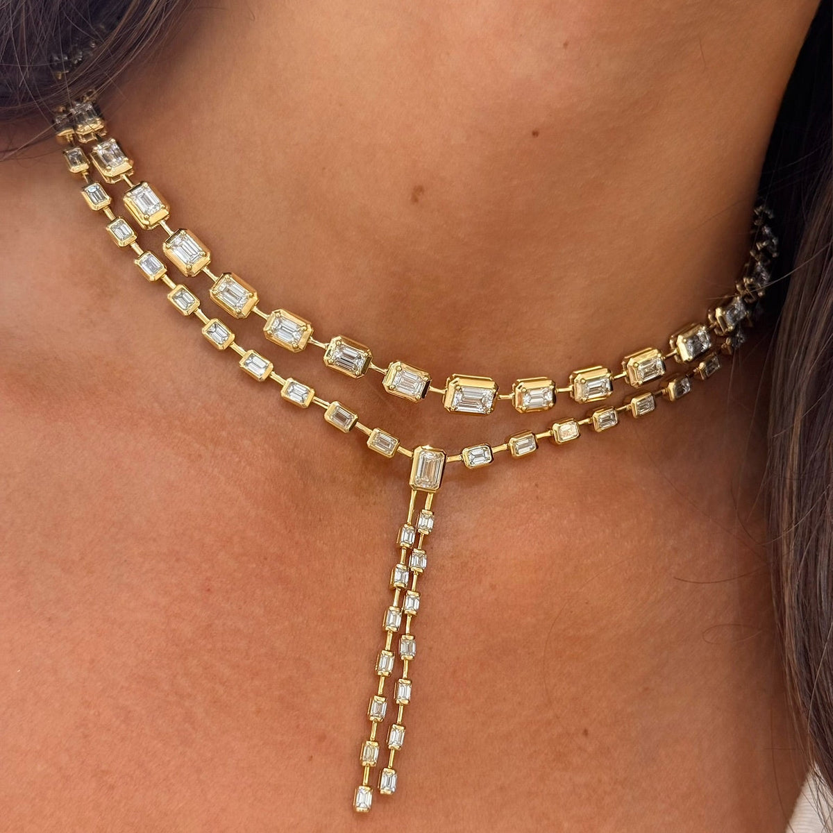 Clara Mae Graduated Bezel Set Emerald Cut Diamond Necklace,Clara Mae Bezel Set Emerald Cut Diamond Lariat Necklace 