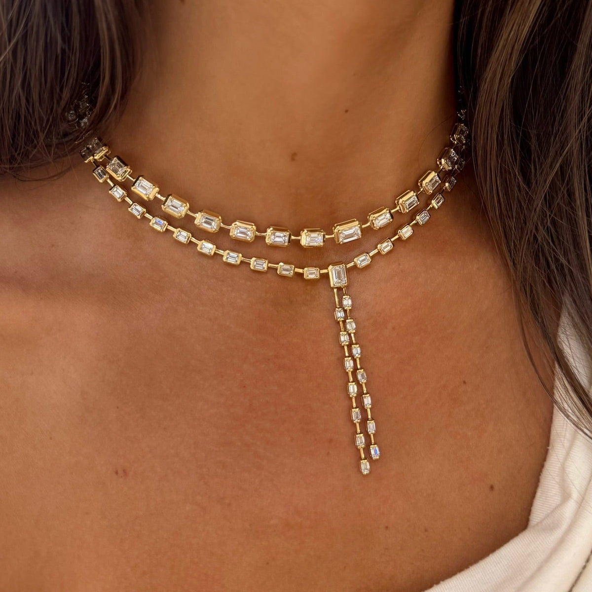 Clara Mae Graduated Bezel Set Emerald Cut Diamond Necklace,Clara Mae Bezel Set Emerald Cut Diamond Lariat Necklace 