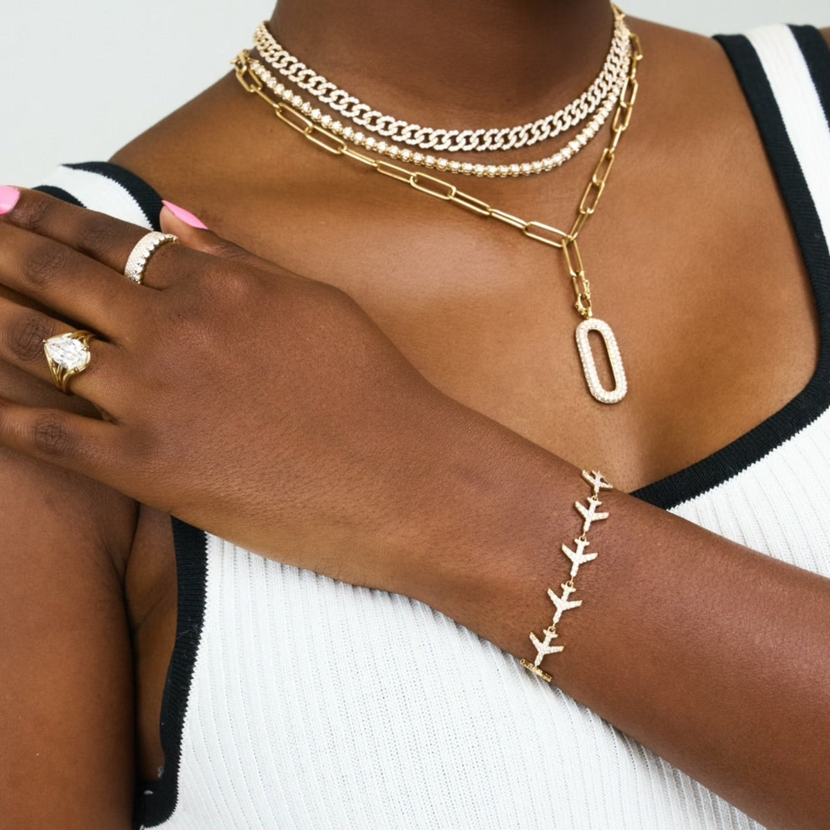 "Cloud Nine" Airplane Diamond Tennis Bracelet 2.07 ctw, Gia Curb Link Pave Diamond Necklace, Dana Paperclip Chain with Detachable Diamond Toggle
