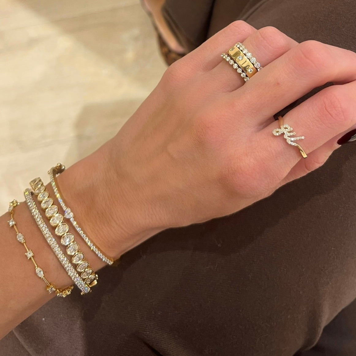 Cosmo Multi Mixed Shape Floating Diamond Tennis Bracelet 2.25 ctw, Custom Diamond Name Ring, Amour Diamond Station Cigar Band