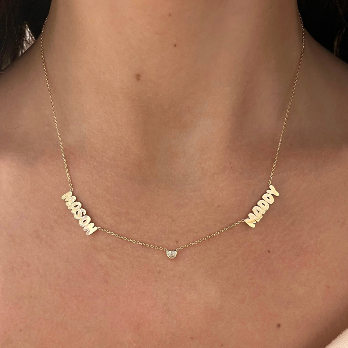 Custom Gold Bubble Name Necklace with Bezeled Heart Diamonds