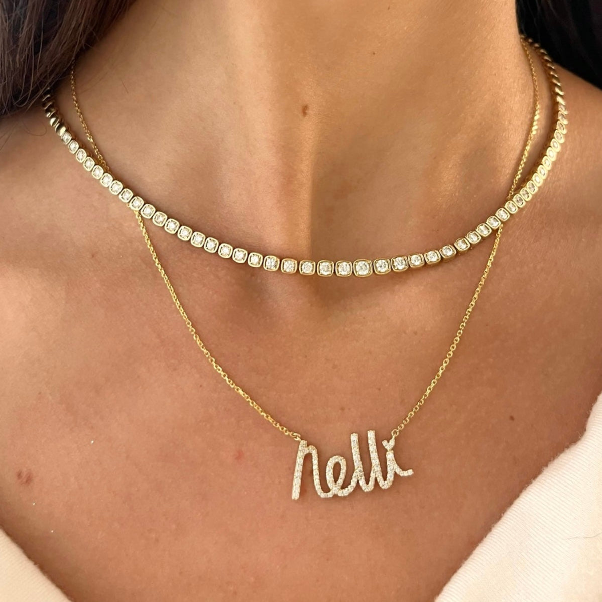 Custom Handwritten Diamond Name Necklace, Carlie Graduated Illusion Cushion Cut Diamond Tennis Necklace 2.26 ctw