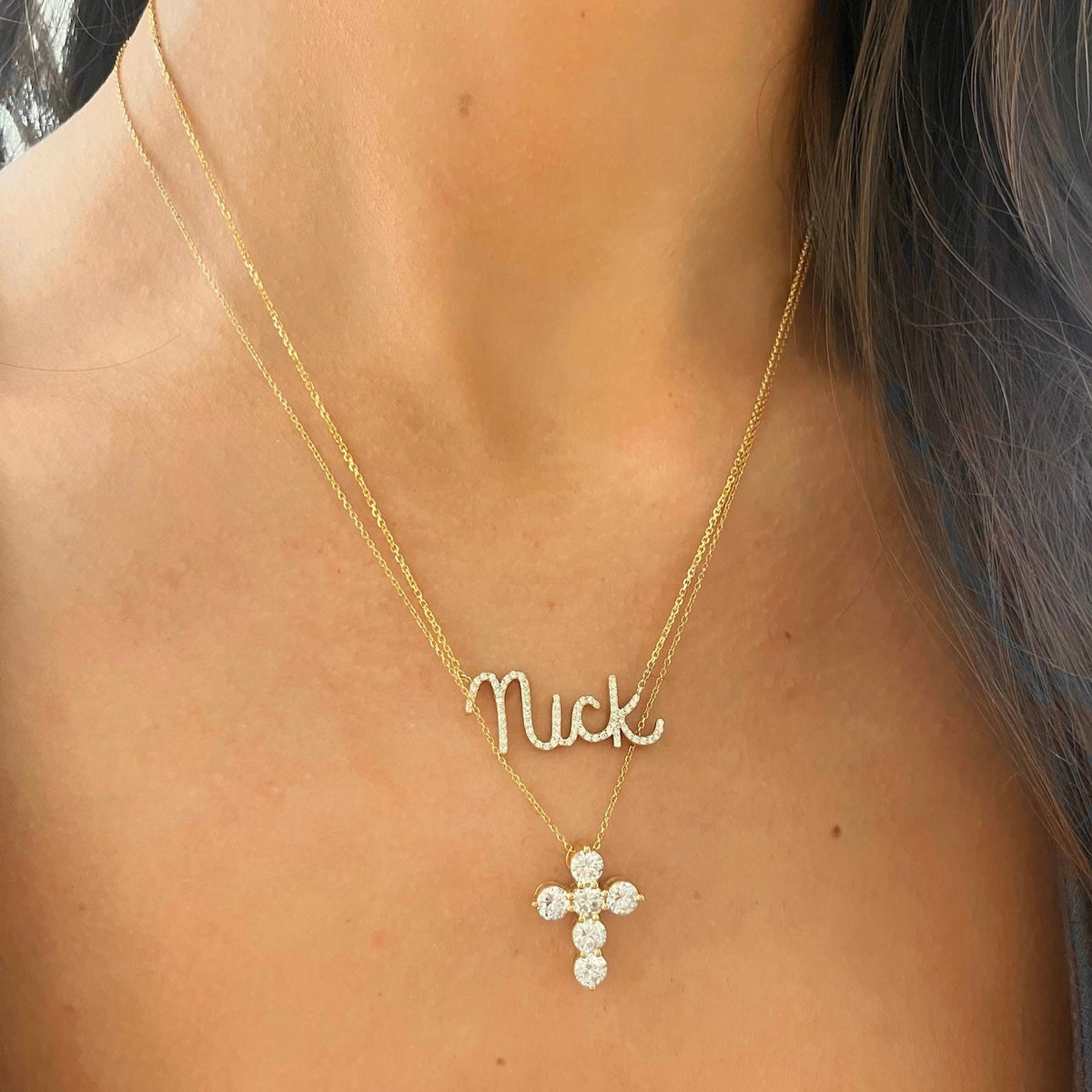 Custom Handwritten Diamond Name Necklace, Khloe Two Prong Diamond Cross Necklace
