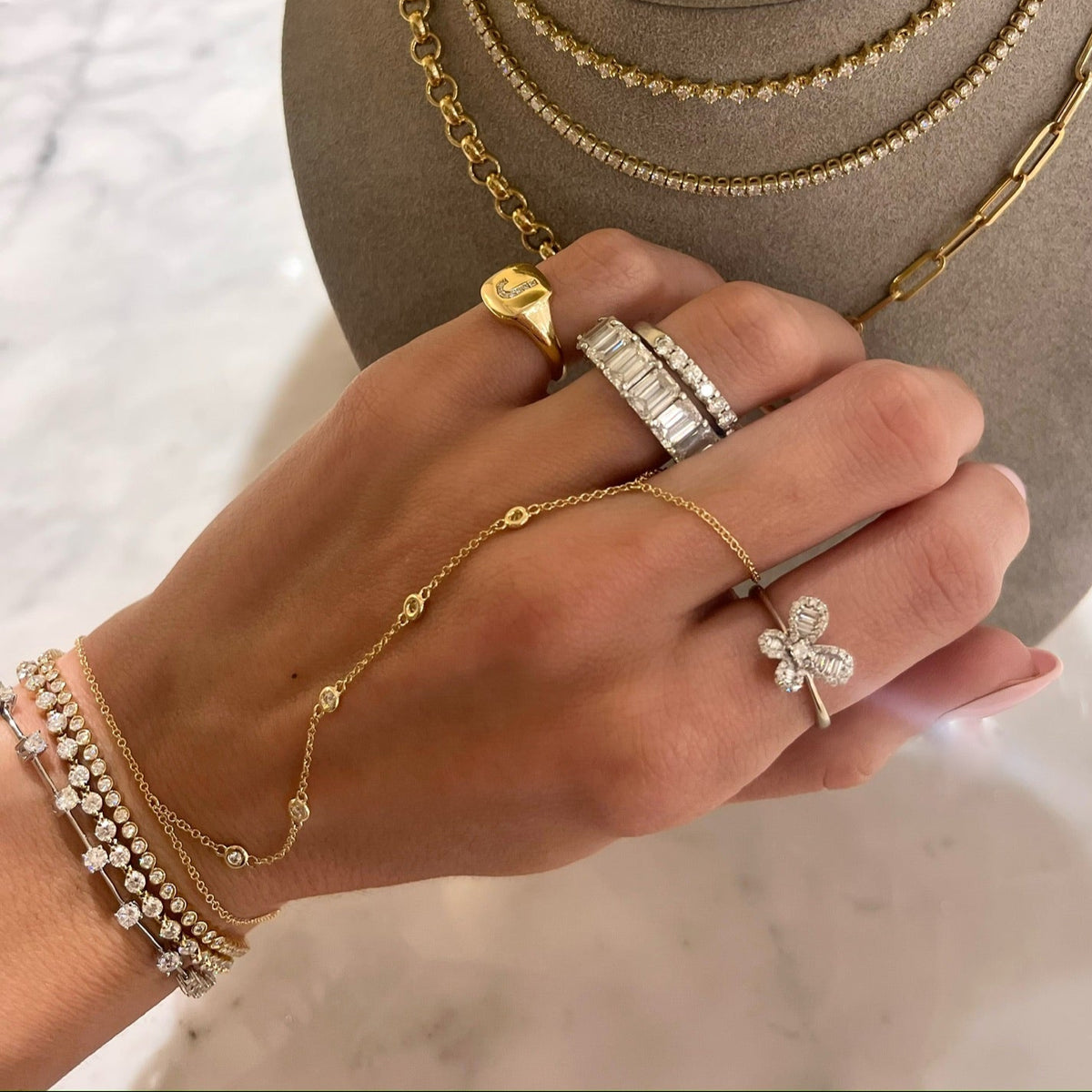Dainty Diamond Initial Signet Ring, Melville Diamonds By The Yard Hand Chain Bracelet, Chloe Baguette Butterfly Ring