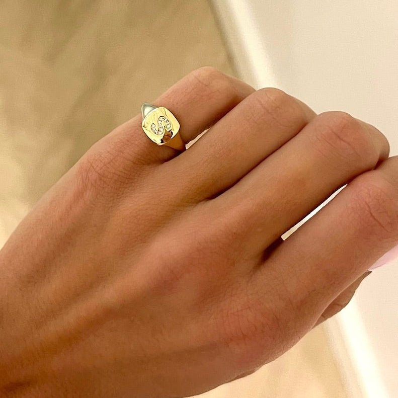 Dainty Diamond Initial Signet Ring – RWFJ - Main Image