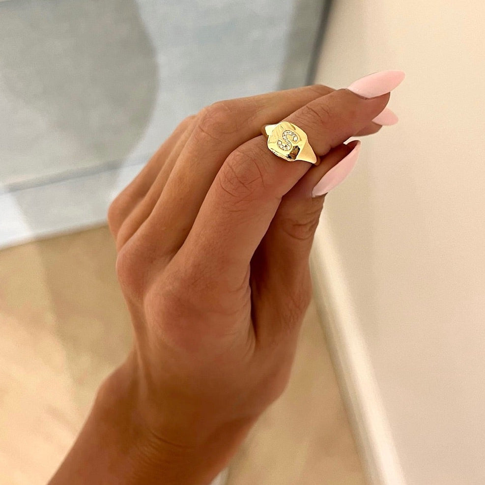 Dainty Diamond Initial Signet Ring