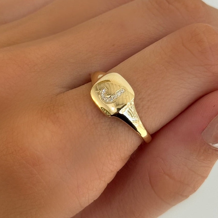 Dainty Diamond Initial Signet Ring