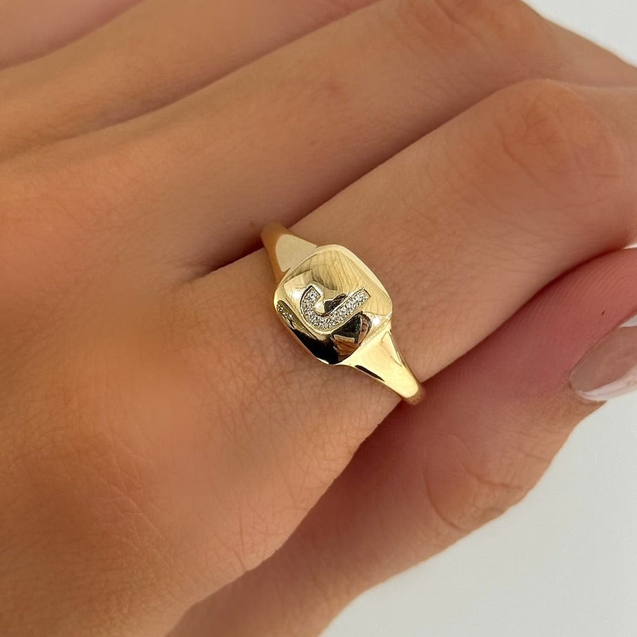 Dainty Diamond Initial Signet Ring