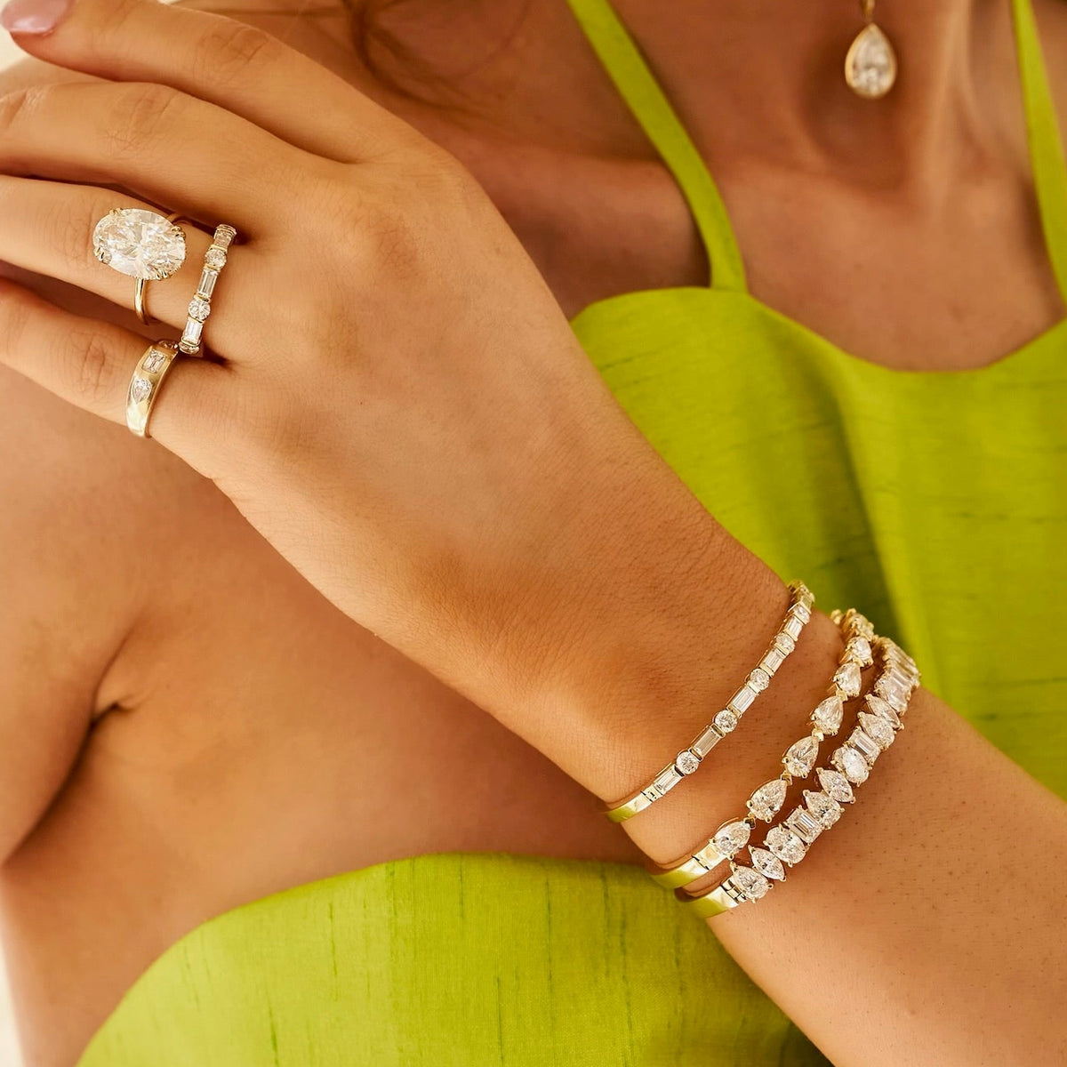 Daisy Baguette & Round Alternating Diamond Band 1.64 ctw, Daisy Baguette & Round Alternating Diamond Bangle 3.35 ctw, Mariana Inset Multi Mixed Shape Diamond Cigar Ring 0.62 ctw, Everette Pear Diamond Bangle