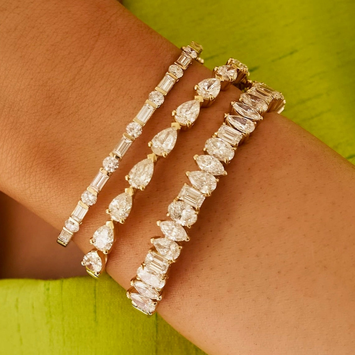 Daisy Baguette & Round Alternating Diamond Bangle 3.35 ctw, Everette Pear Diamond Bangle