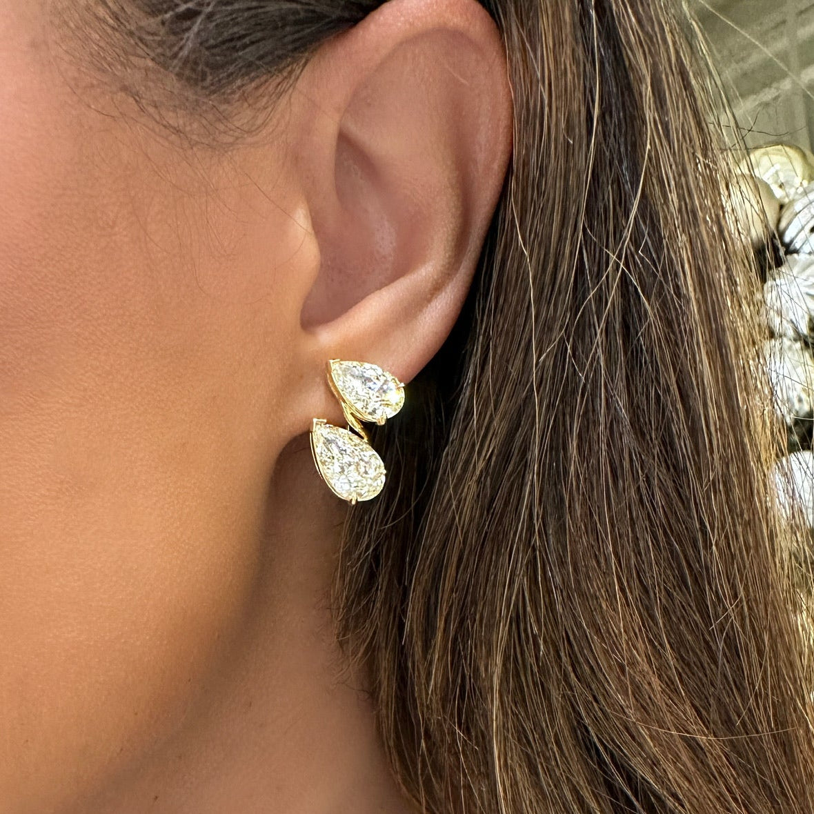 Deux Double Fancy Yellow Pear Diamond Cluster Earrings 10.94 ctw