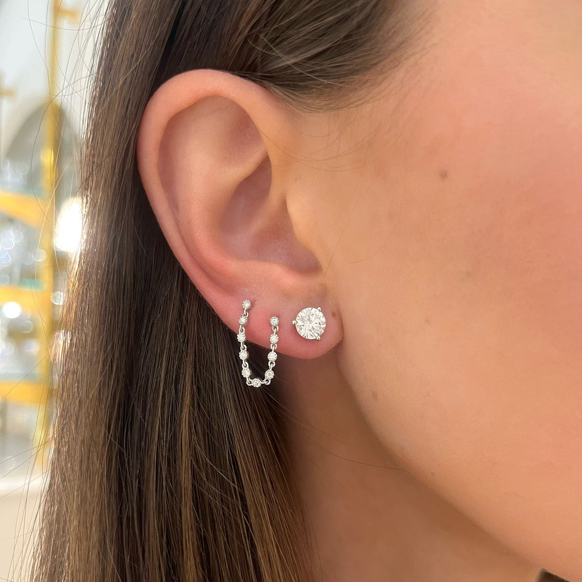 Double Piercing Diamond Stud Earrings