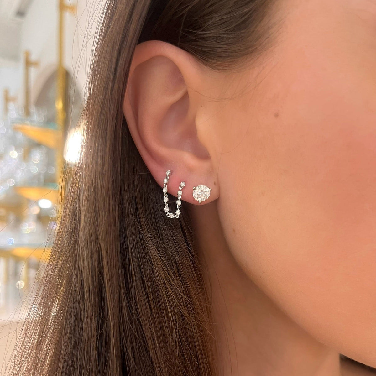Double Piercing Diamond Stud Earrings