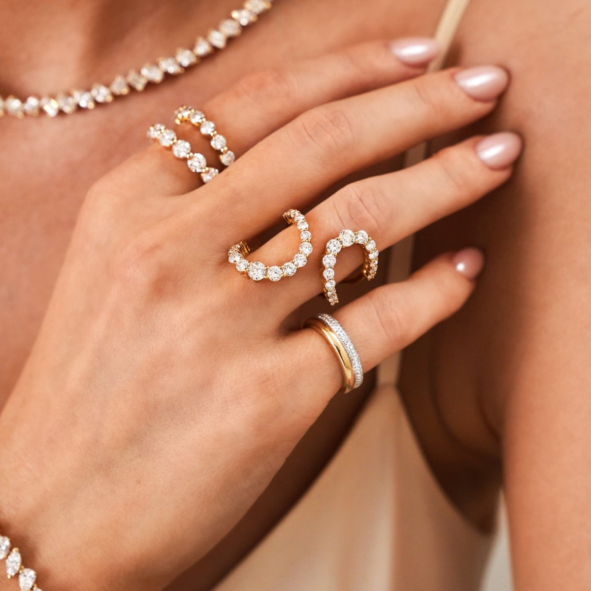 Double Swirl Crossover Diamond Ring 2.25 ctw,Two-Tone Gold & Pave Diamond Illusion Stacking Band