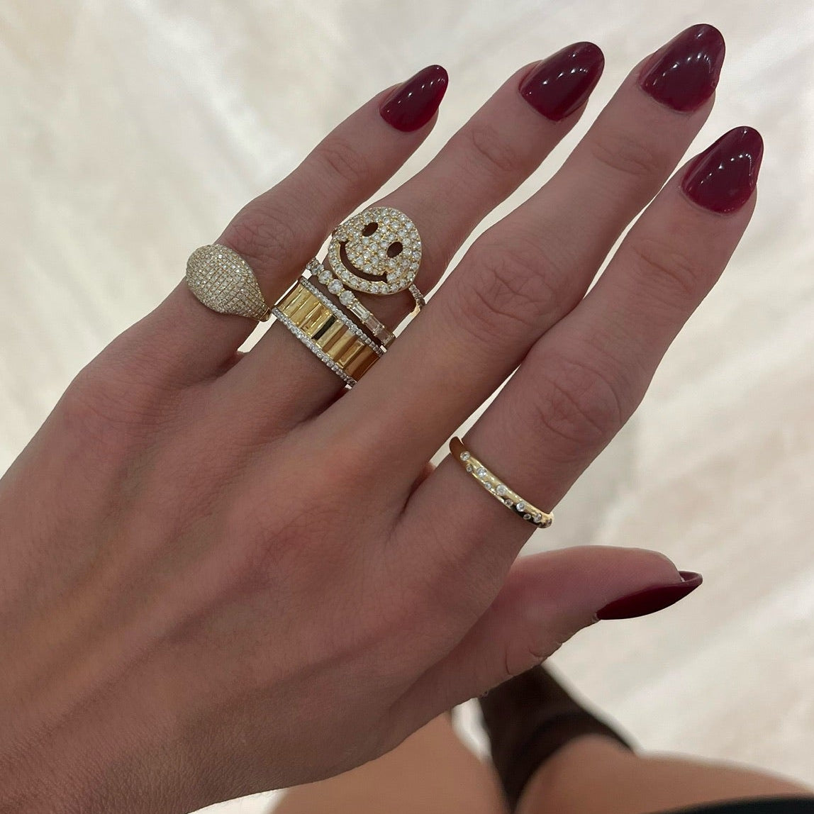 Drew Smiley Diamond Ring, Peyton Pave Diamond Signet Ring, Amanza Fluted Diamond Eternity Band, Best of Both Baguette and Round Eternity Band, Gypsy Gold Stacking Band