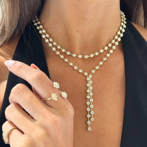 Dutton Two Strand Bezeled Diamond Lariat 18.82 ctw, Alora Pave Cluster Ring