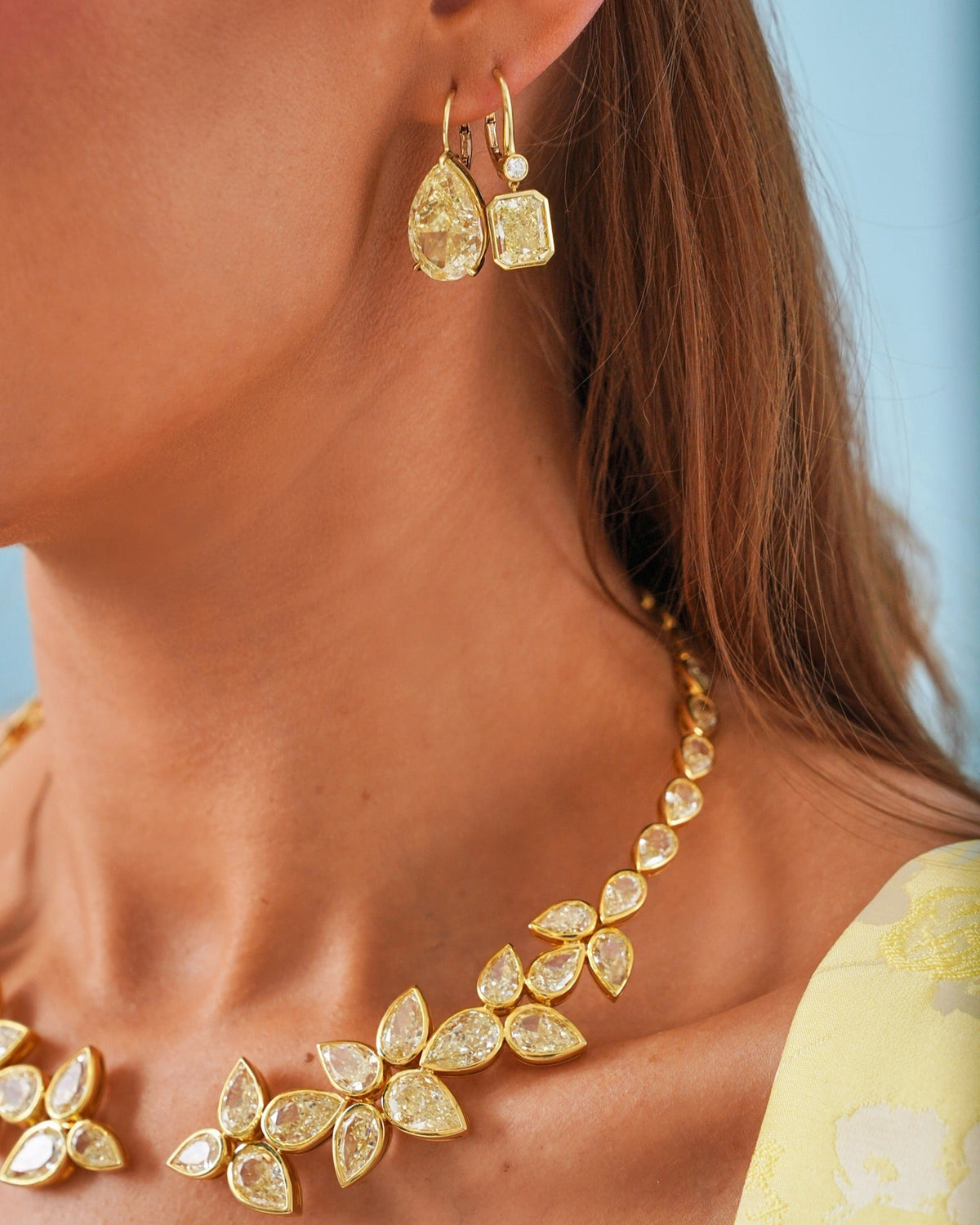 Eliza Fancy Yellow Pear Diamond Dangle Earrings 16.09 ctw, Melody Fancy Yellow Bezel Diamond Dangle Earrings 6.56 ctw