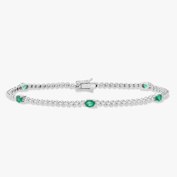 Bracelet Tennis Or Blanc 18K (750) Avec Zircons Vert Émeraude - Longueur 18cm - Neuf