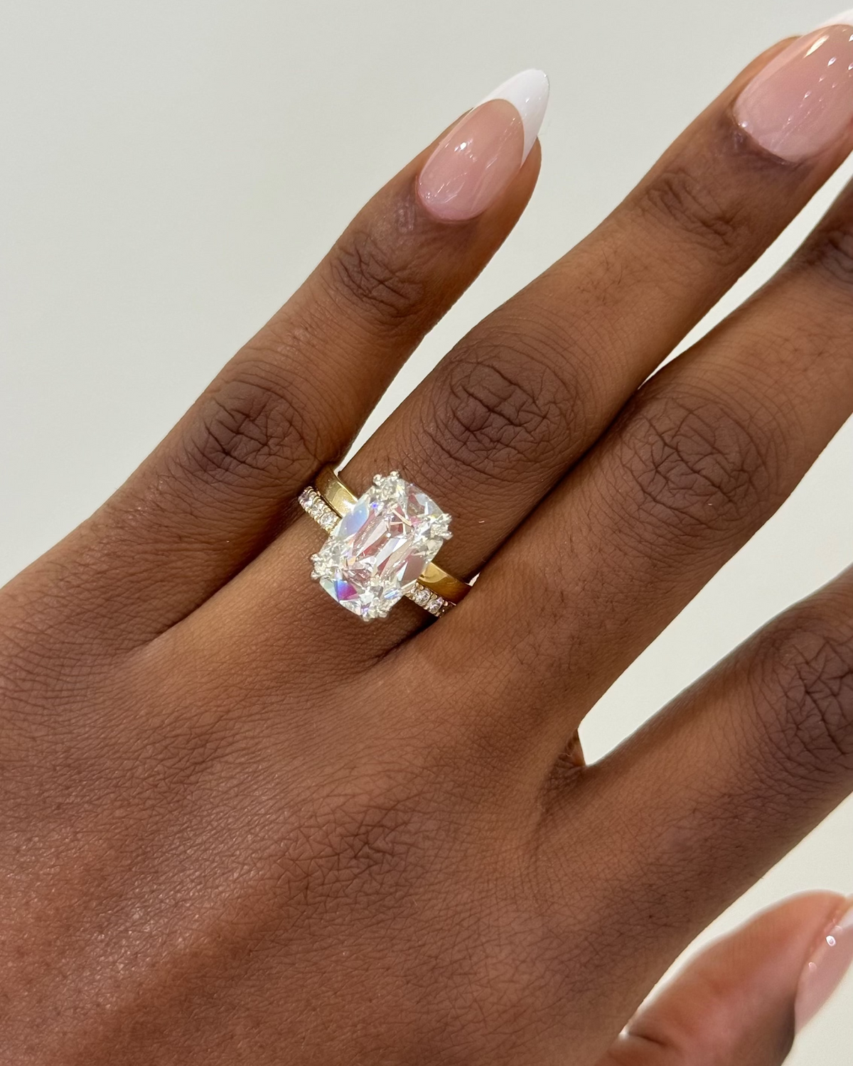 5.17ct Lab Grown Old Mine Cushion Diamond in a 2.5mm Flat Solitaire Setting with Hidden Halo