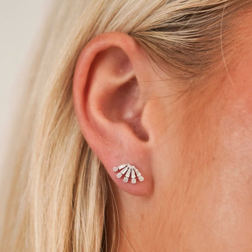 Fanned Baguette Ear Climber Stud Earrings