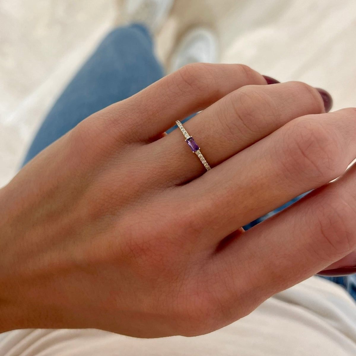 Baguette Birthstone and Diamond Stacking Band Ring
