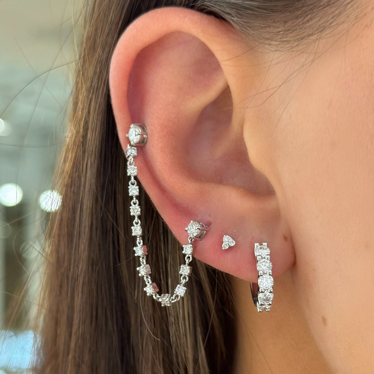 Wilhelmina Double Piercing Diamond Stud Earring, Trilogy Cluster Stud Earrings, Georgie Diamond Huggie Earrings 1.25 ctw