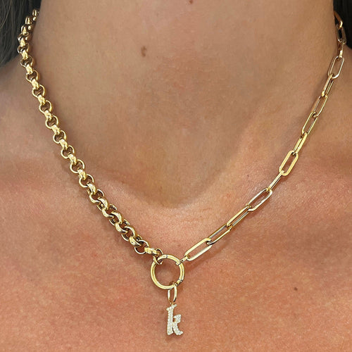 Gothic Initial Pave Diamond Charm, Best of Both Rolo and Paperclip Chain with Openable Clasp
