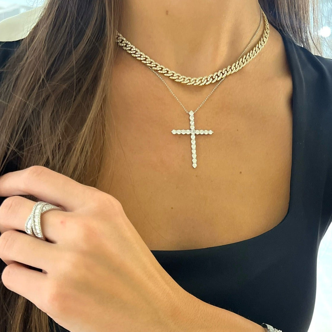 Gracie Scalloped Diamond Cross Necklace 2.56 ctw,Brooks Baguette Diamond Crossover Ring