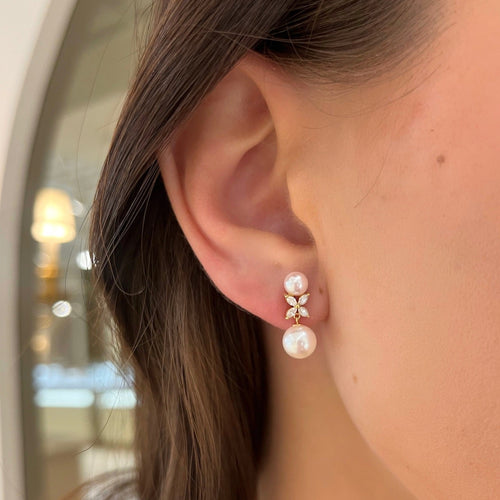 Gressett Double Pearl and Diamond Stud Earrings