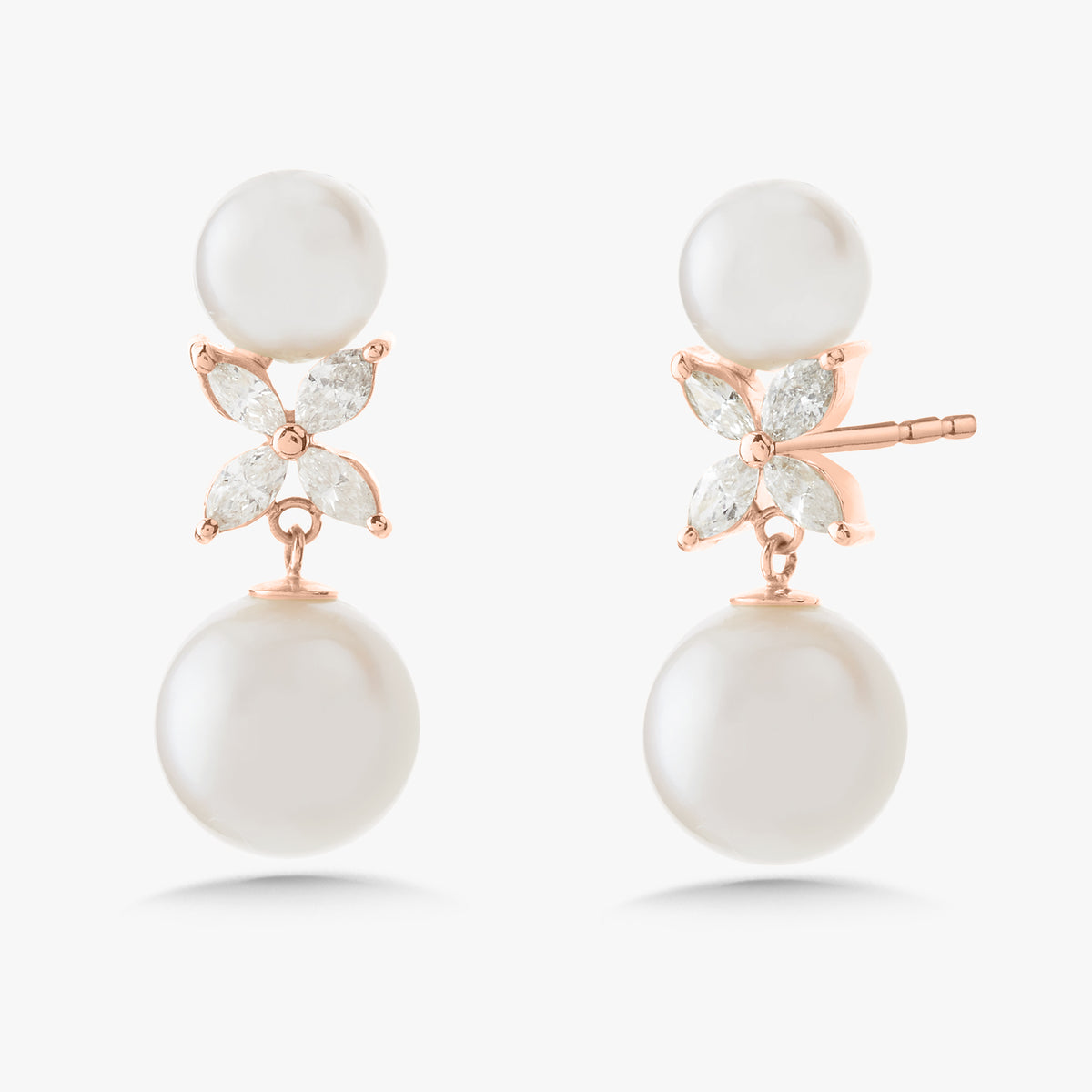 Gressett Double Pearl and Diamond Stud Earrings