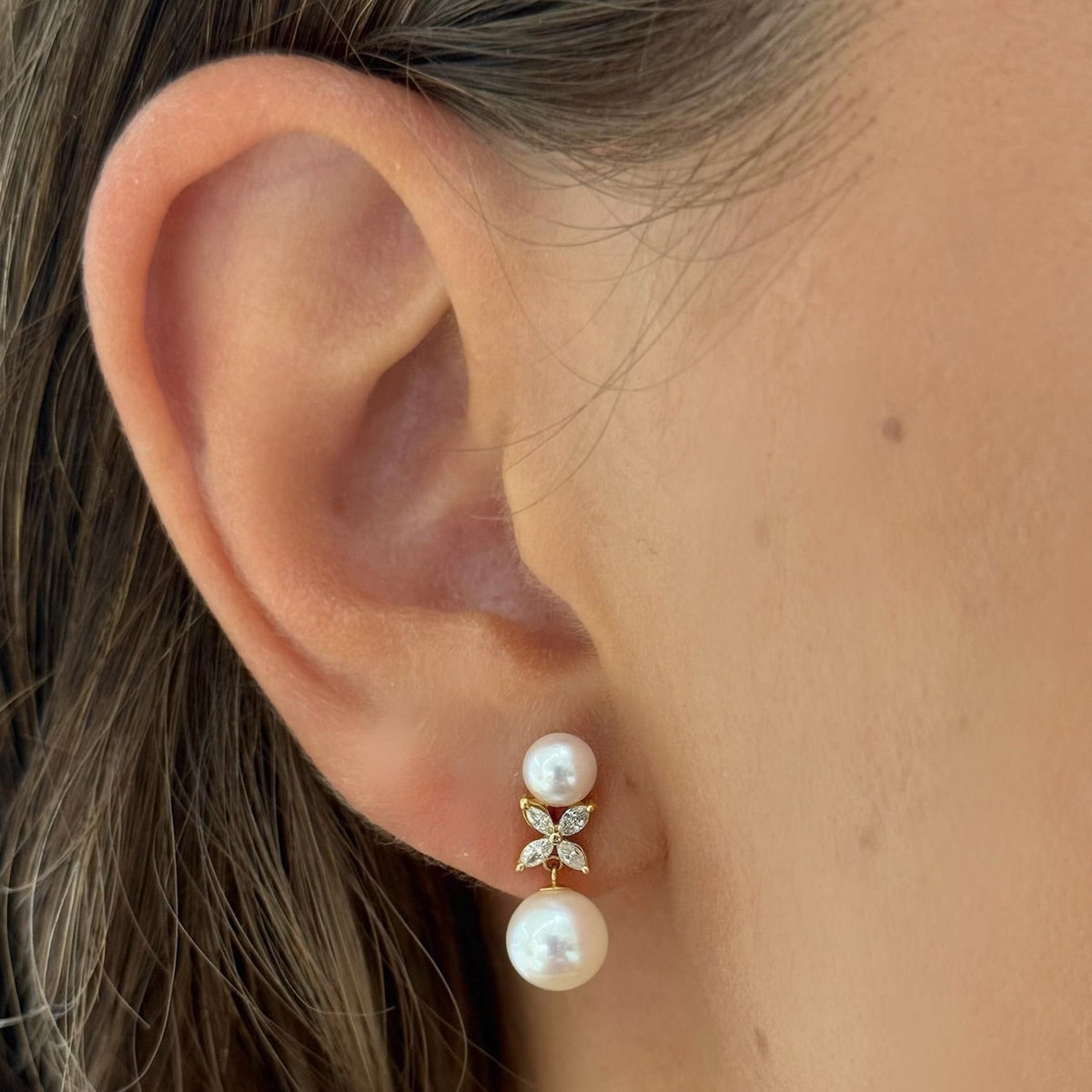 Gressett Double Pearl and Diamond Stud Earrings