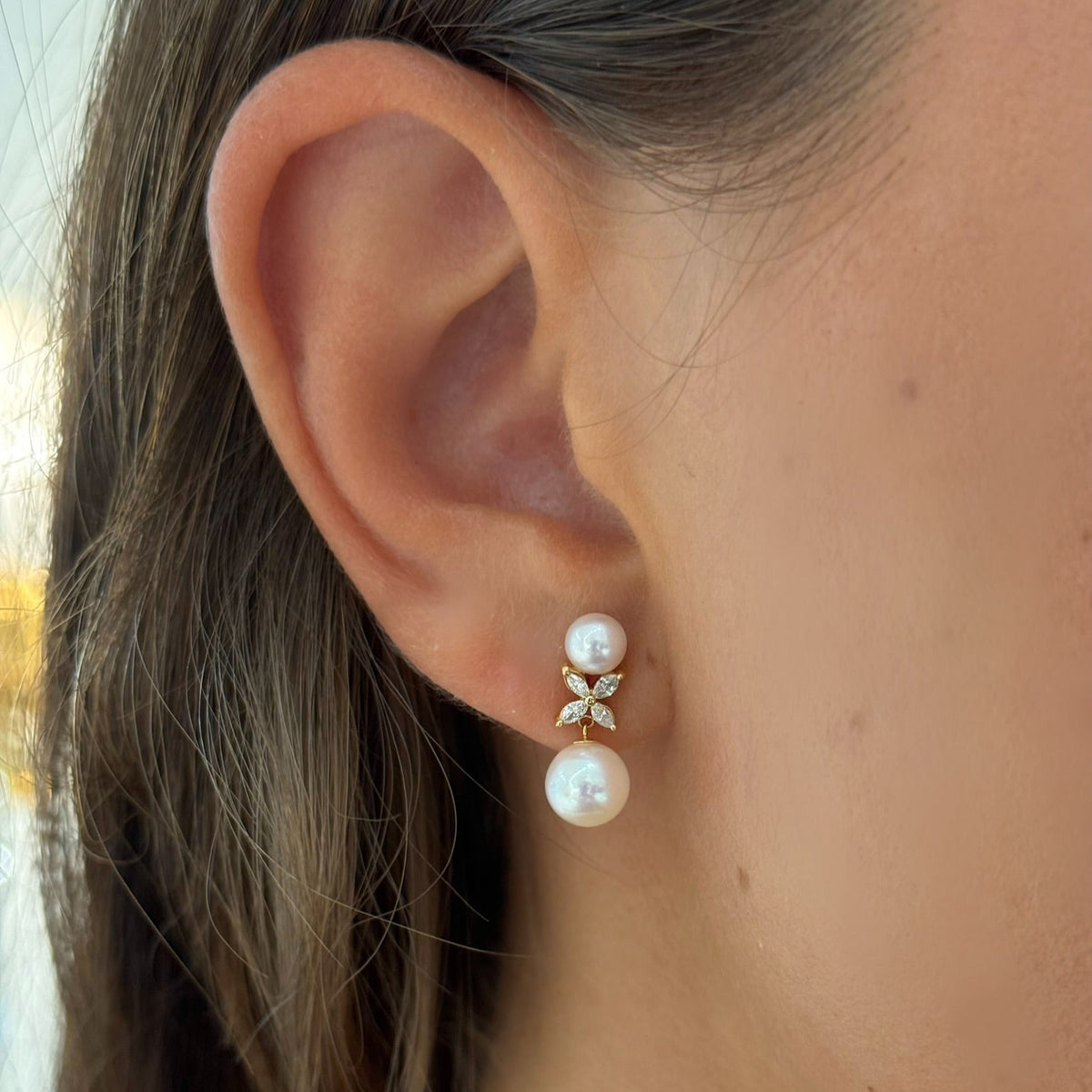 Gressett Double Pearl and Diamond Stud Earrings
