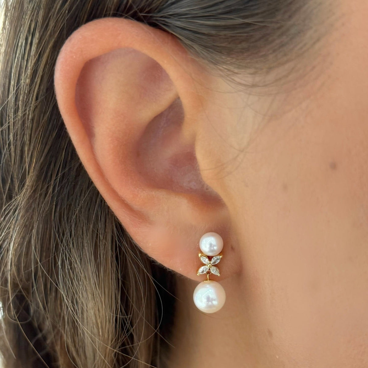 Gressett Double Pearl and Diamond Stud Earrings