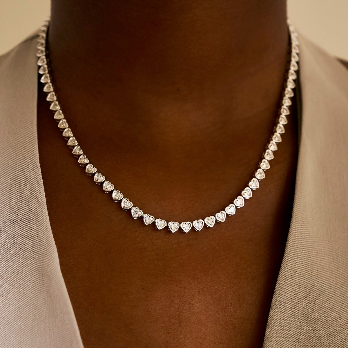 Hall Heart Bezel Set Diamond Tennis Necklace 11.80 ctw