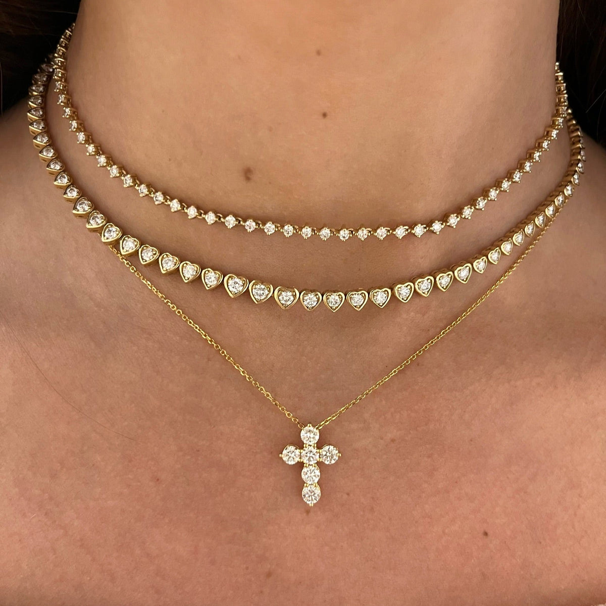 Tinx Floating Diamond Adjustable Choker/Collar Necklace 2.06 ctw, Harley Graduated Diamond Heart Bezel Tennis Necklace 2.87 ctw, Khloe Two Prong Diamond Cross Necklace