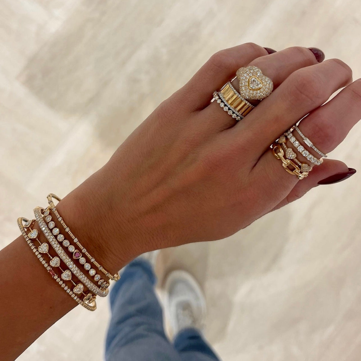 Carringtyn Pave Diamond Heart Signet Ring 2.75 ctw,Heart Station Diamond Tennis Bracelet 5.00 ctw, Bellamy Pink Sapphire Hearts & Diamond Bezel Adjustable Tennis Bracelet 3.10 ctw, Amanza Fluted Diamond Eternity Band, Baguette Birthstone and Diamond Stacking Band Ring
