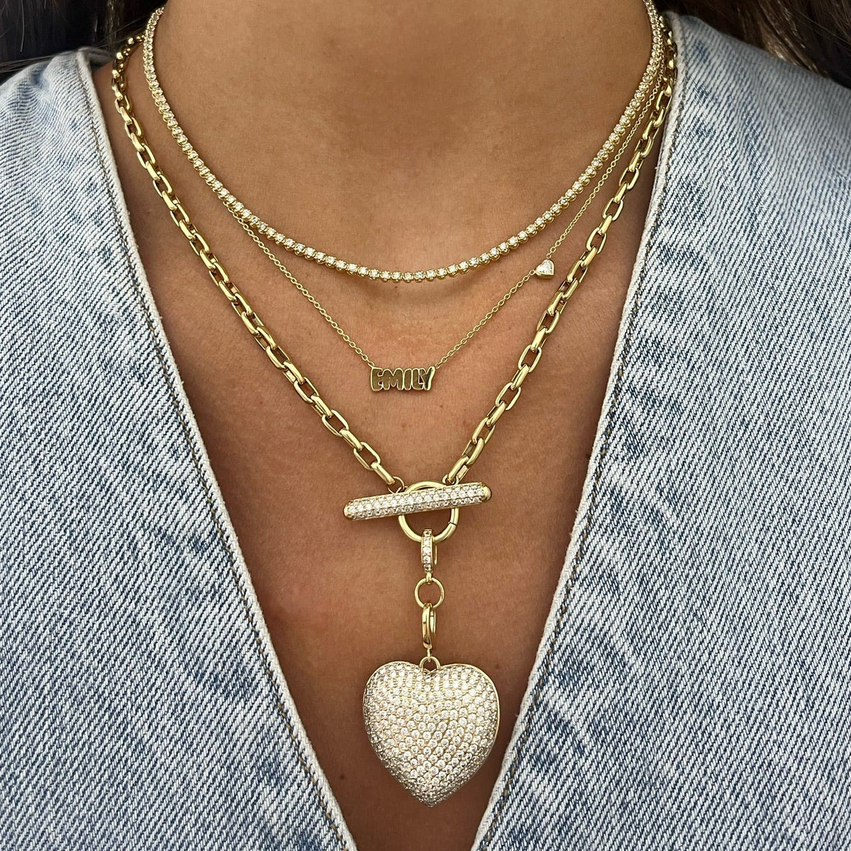 Hilton Diamond Toggle Necklace with Removable Pave Heart Charm and French Cable Chain