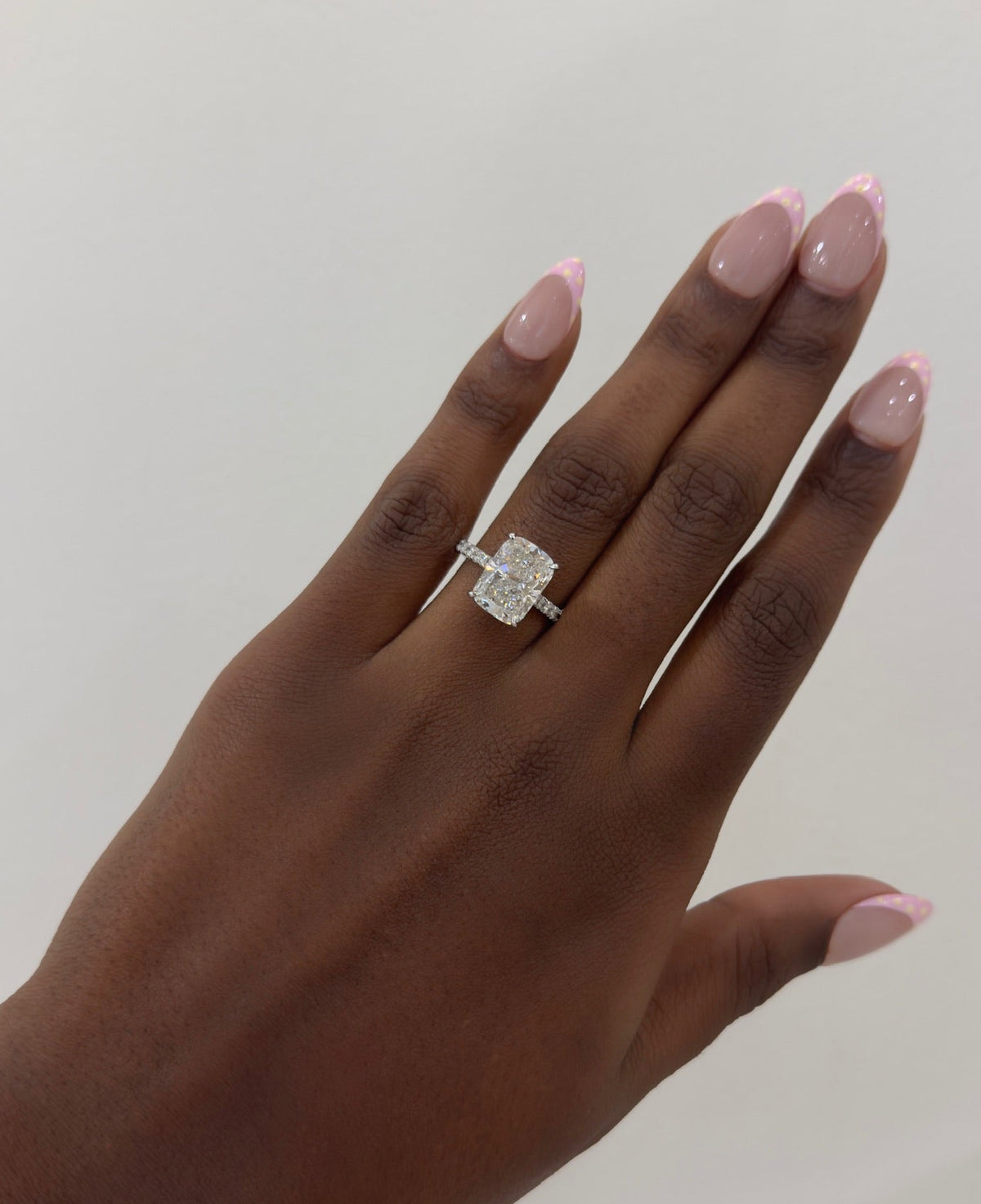 4.10ct Lab Grown Elongated Cushion Diamond in Pavé Cathedral Setting with Hidden Halo