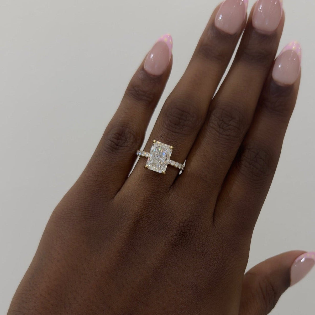 3.07ct Lab Grown Radiant Diamond in a Pavé Solitaire Setting with Hidden Halo