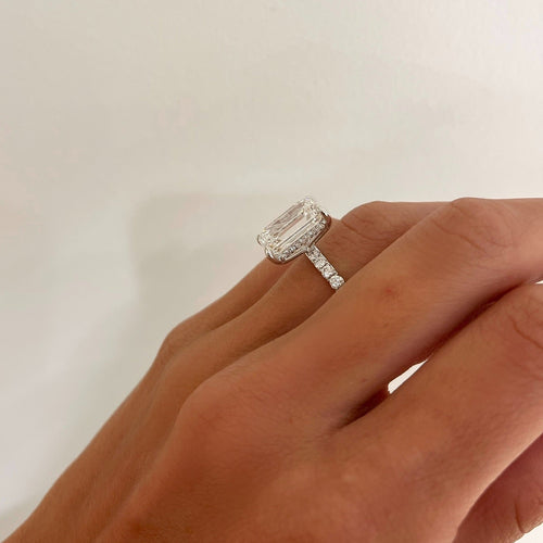 7.09ct Lab Grown Emerald Cut Diamond in a Solitaire Setting with a Pavé band