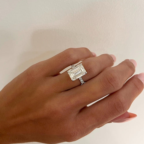 7.09ct Lab Grown Emerald Cut Diamond in a Solitaire Setting with a Pavé band