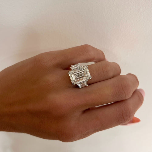 10.28ct Lab Grown Emerald Cut Diamond in a Three-Stone Setting with Step-cut Trapezoids