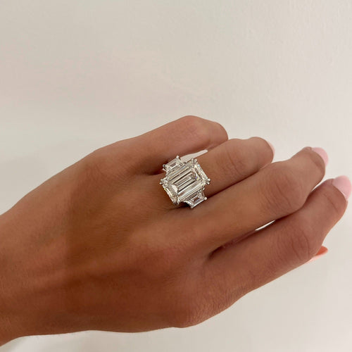 10.28ct Lab Grown Emerald Cut Diamond in a Three-Stone Setting with Step-cut Trapezoids